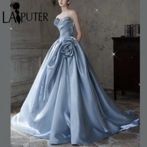 Shiny Blue Puffy A line Evening Dresses Rose Flowers Box Pleat Formal Dress Off Shoulder Ruched Woman Prom Gown