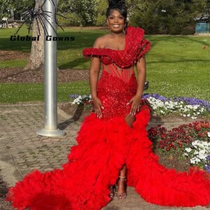 Red Prom Dress Black Girls Custom Made Crystal Beaded Sequined Evening Dresses Ruffles Pretty Wedding Gown Side Slit Plu Size