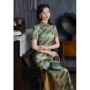 High Quality Real Silk Cheongsam Qipao Summer Women’s High-End Dress Long Green Section Improved