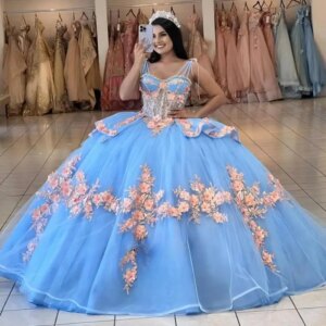 Customized Blue Appliques Ball Gowns Quinceanera Dresses for Girls Spaghetti Straps Flower Sweetheart Vestidos De 15 Anos