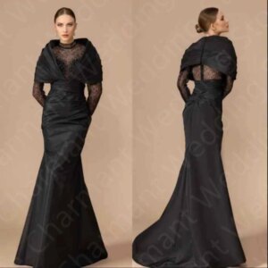Customized Elegant 2025 Evening Dresses Black Mermaid Prom Party Gowns Lace High Collar Wedding Guest Dress Long Sleeves Beaded