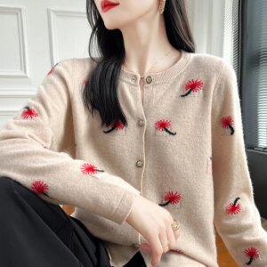 Wool Cardigan Women’s round Neck Jacquard Color Matching Long Sleeve Coat Sweater Loose Cardigan Outer Tops