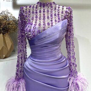 Gorgeous Crystal Beads Purple Formal Party Dress Dubai Long Sleeves Feather Satin Ceremony Dresses Evening Prom Gowns vestidos