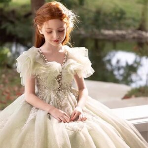 Jill Wish Luxury Sage Green Girl Dress with Beading Crystal Lace Princess Wedding Birthday Pageant Party Performance Gown J360
