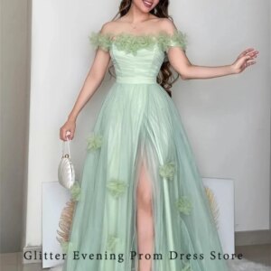 2024 Elegant Sexy Prom Dress For Women A-Line Slide Split Off-Shoulder Backless Flower Tulle Custom Birthday Evening Party Dress