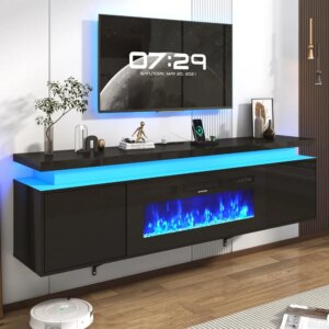 70″ tv Stand w/ 36″ Fireplace Up to 80″ TVs,High Gloss LED Fireplace TV Stand Entertainment Center for 70/75+/80 inch TV, Modern