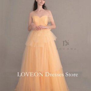 Loveon A-Line Korea SweetheartTulle Evening Dresses Formal 프롬드레스 Yellow Sleeveless Tiered Prom Gowns Party Women Bride