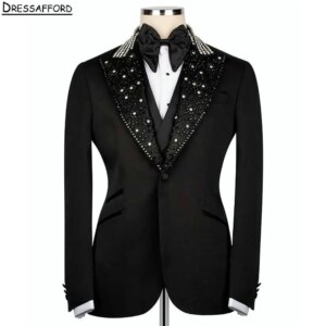Black Pearls Beading Crystal Men Business Formal Occasion Tuxedos Grooms Wedding Party Prom Male Suit 2 Piece Set Blazer Pants