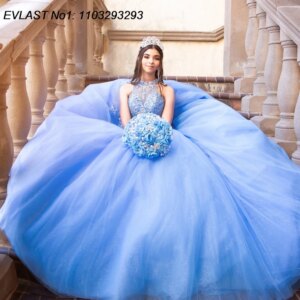 EVLAST Customized Glitter Blue Ball Gown Quinceanera Dress Applique Crystal Beaded Party Sweet 16 Vestidos De 15 Anos E1Q647