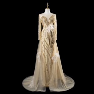 Elegant Yellow Evening Dress Handmade Beaded Feather Decor With Detachable Train Wedding Dresses Prom فساتين سهرة H1797