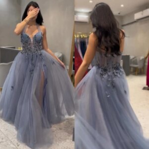 Customized Tulle Applique Pleat A-line Halter Long Dresses Evening Dresses Simple Exquisite Casual Elegant High Quality