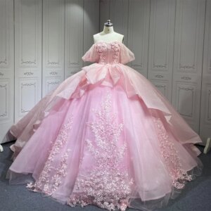 Customized Shiny Pink Off Shoulder Quinceanera Dress Lace sequin applique crystal Long tail vestidos de 15 Quinceanera