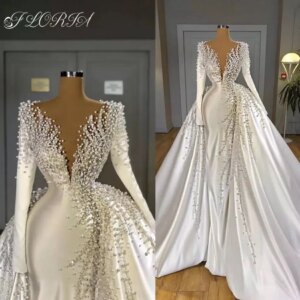 Luxury Handmade Pearls Wedding Dress with Detachable Train Dubai Long Sleeves White Beaded Satin Bridal Gown Vestido De Novia