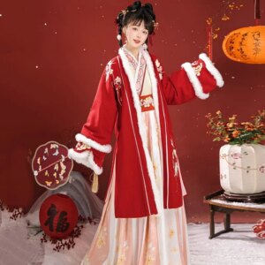 Hanfu women Chinese style round neck warm new gown on the front stand collar skirt suit