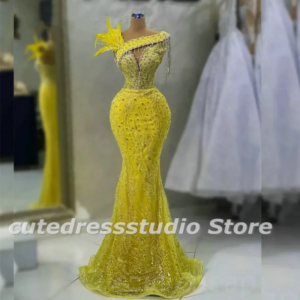 Luxury Yellow Evening Dresses One Shoulder Sequin Mermaid Prom Gowns Feathers Women Dresses Elegant Party Weddings Customized