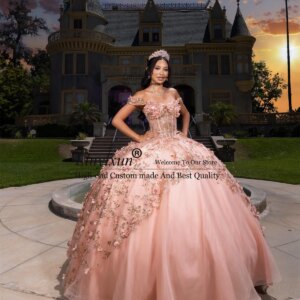 Princess Ball Gown Quinceanera Dress 3D Flowers Appliques Lace Sequin Sweet 16 Dress Off Shoulder Birthday Vestidos De 15 Años