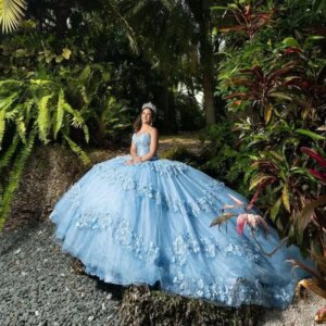 Elegant Blue Ball Gown Mexican Quinceanera Dress 2024 Flower Princess Prom Sweet 15 16 Years Old Miss XV Birthday Pageant Dress