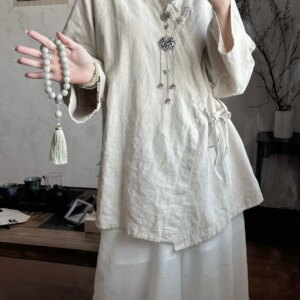 New Chinese Style Solid Color Cotton and Linen Cardigan Knot Button Top Women’s 2024  Retro High-Grade Loose Lace-up