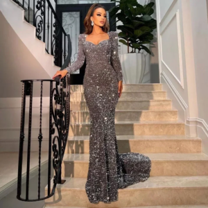 Flavinke Customized Grey Sequined Long Sleeve Mermaid Evening Dresses Women Black Girl Prom Gowns For Party robes de soirée