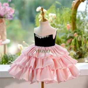 CustomizedElegant Pink Girl Dress Knee Length Tiered Beaded Arabic Princess Kids Pageabt Wedding 1st Birthday Party Gowns