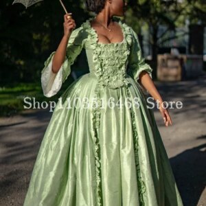 Vintage Fluffy Victorian Prom Dress Fruit Green Half Sleeve Pleated A-Line Floor Length Renaissance Masquerade Customised