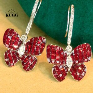 KUGG 100% 18K White Gold Earrings Luxury Butterfly Shape Shiny Diamond Natural Ruby Drop Earrings for Women High Party Jewelry