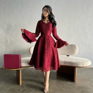Customized High Quality Classic Modern Style Formal Evening V-Neck A-line Pleat Knee-Length Lace Bespoke Occasion Dresses
