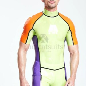 customized latex catsuits men eurocat suits  latex leotard rubber fetish customised cosplay Male ‘Multicolor’ Shoulder-Zip