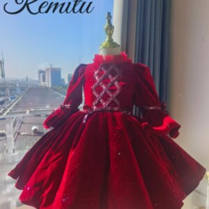 New Year Velvet Flower Girl Dress Long Sleeve for Christmas Birthday Party Elegant Princess Dress