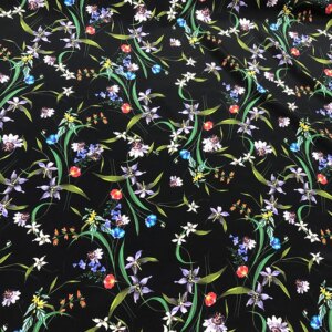 High Quality Real Silk Stretch Heavy Crepe Mixed Colors with Black Background Small Flower Spray Painting Fabric Dress Cloth
