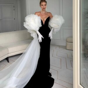 Stunning Black Stretchy Mermaid Long Evening Dresses With Handmade Flower Jacket Elegant 2 Pieces Evening Gowns