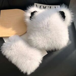 Real Fox Fur Hat Winter Little Bear Hat For Women Knitted Thickened Fur Cap Fashion Real Fur Hats Female Fluffy Natural Fur Hat