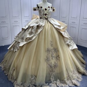 Tiered Champagne Quinceanera Dresses Off-the-shoulder Ball Gown 3D Flowers Vestidos De 15 Anos