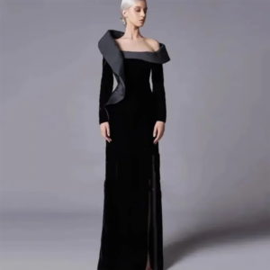 Elegant Black Velour Evening Dresses Full Sleeves Straight Floor Length Exquisite Formal Banquet Party Prom Gowns Custom Made