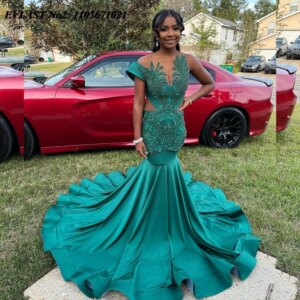 EVLAST Customized Dark Green Mermaid Prom Dress Black Girls Rhinestone Beaded Evening Dress African Birthday Party Gown E2P482