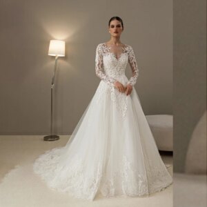 Luxury Appliques Lace Tulle Wedding Dress for Women Long Illusion Sleeve Ball Gown Bridal Wedding Party Gown robe de mariée
