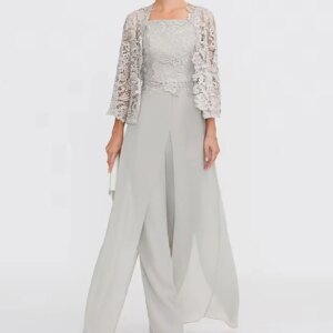 Pantsuit 3 Piece Mother of the Bride Dress Formal Fall Wedding Guest Dresses Square Neck Floor Length Chiffon Lace Wrap 2024