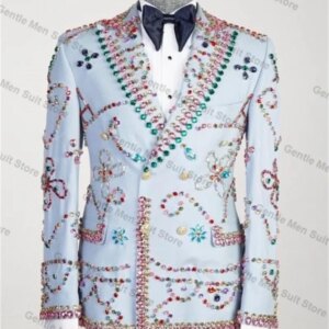 Light Blue Men Suit Pants Set 2 Piece Crystals Blazer+Trousers Wedding Groom Prom Coat Customized Formal Office Jacket Outfit