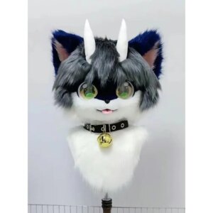 Gray Furuit Long-haired Cat and Fox Mascot Head Party Halloween Fur Role Play