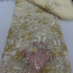 Mccarthy Hot Sale Handmade 3D Embroidery Net Lace Beads Sequins Fabric For Women Party Evening Dress Africa Design,Top Quality