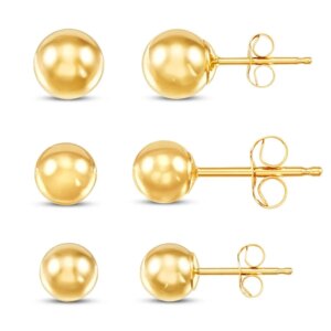 14K Yellow Gold Ball Stud Earrings Set 3 Sizes 4mm 5mm 6mm with Friction Backs