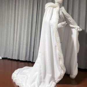 white ivory Faux fur Bridal cloak Winter long hooded cape wedding accessores custom size cape gown