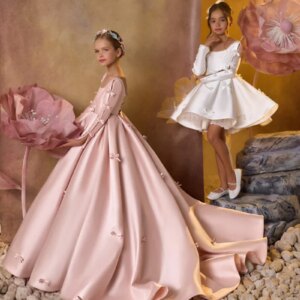 YZYmanualroom Girls Satin Premium train long wedding dress First Communion formal dress/customizable