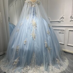 Customized Real Picture Sky Blue 15th Girl Quinceanera Dress With Cape Beading Applique Lace Up Women Ballgown Prom Party Dress