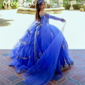 Gorgeous Royal Blue Vestidos De 15 Quinceañera Dress Debutante Puffy Tulle Gold Lace Sixteen Birthday Dress Ball Gown Customize