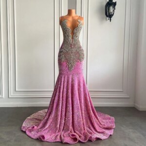 Real Picture Long Prom Dresses 2025 Sexy Mermaid Style Sheer Mesh Luxury Silver Diamond Black Girls Pink Sequined Prom Gala Gown