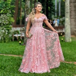 Pink Lace Evening Dresses 3D Florals Appliqued Formal Gown Off The Shoulder Neckline Floor Length Birthday Dress