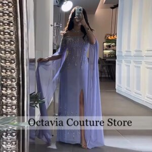 Sparkly Purple Beaded Evening Dresses 2025 Sexy Slit Luxury Vestido Prom Dresses Long Sleeves Weeding Dress Women Customized
