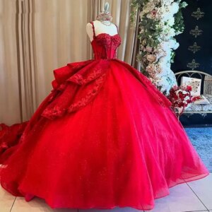 AA388 Real Red Women Wedding Occasion Dress Ballgown Lace Applique Tiered Skirt Prom Birthday Quinceanera 15vestidos de festa