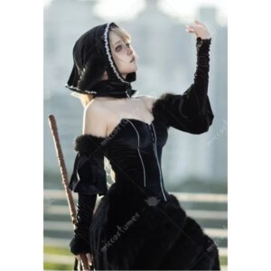 ZA01 Miccosumes Women’s Marcille Donato Cosplay Costume Black Dress Set with Headscarf Sleeves and EarsZa0@